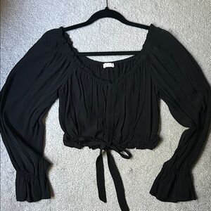 Black Ruffled Blouse with Tie Detail